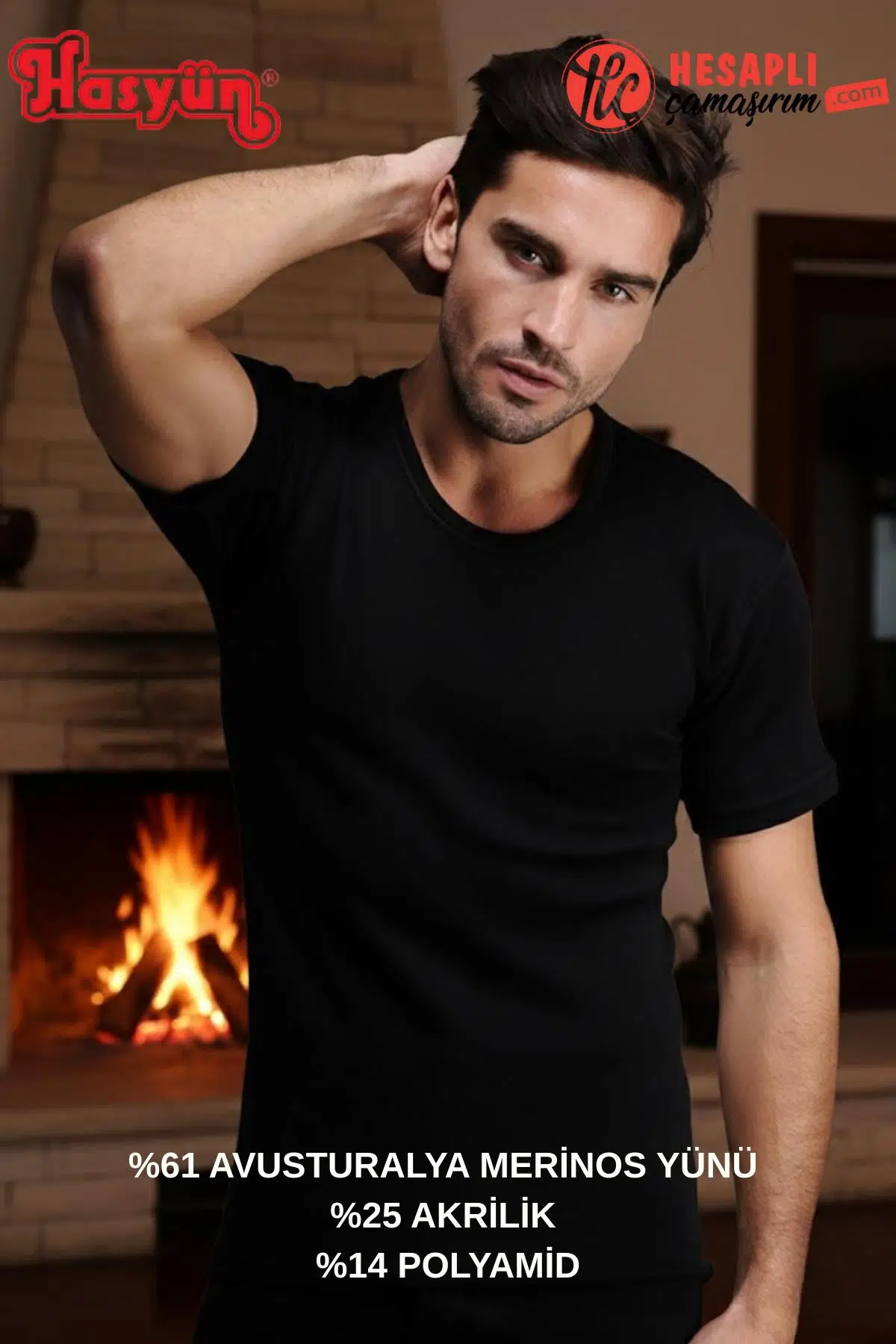 Hasyün 4000 Erkek Siyah Sıcak Tutan %61 Yün Kaşındırmaz Tene Batmaz Tek Kısa Kol Yün İçlik