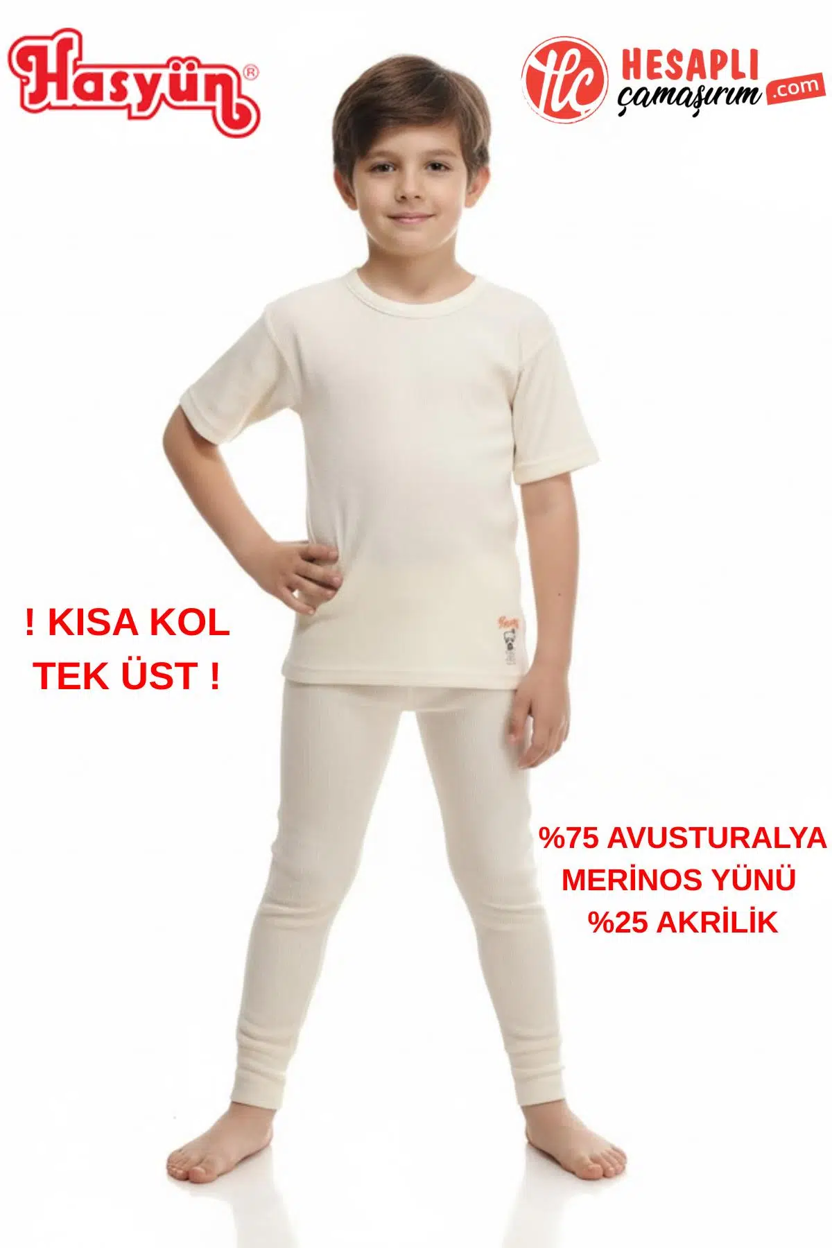 Hasyün Unisex Çocuk %75 Yün Sıcak Tutan Tene Batmaz Kısa Kollu Yün Tek İçlik