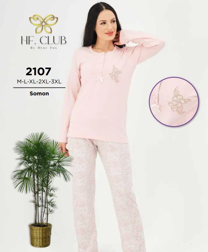 HF Club 2107 Kadın Önden Düğmeli Uzun Kollu Pijama Takımı - PUDRA