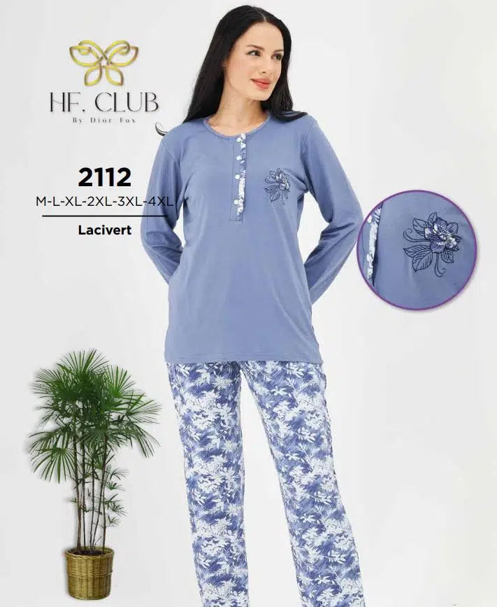 HF Club 2112 Kadın Önden Düğmeli Uzun Kollu Pijama Takımı - LACİVERT