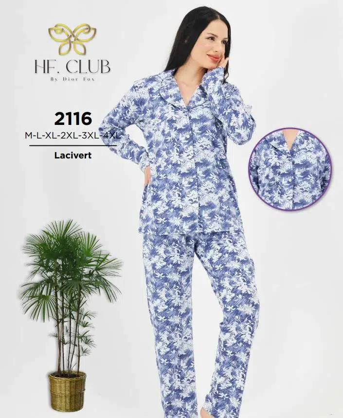 HF Club 2116 Kadın Önden Düğmeli Uzun Kollu Pijama Takımı - LACİVERT