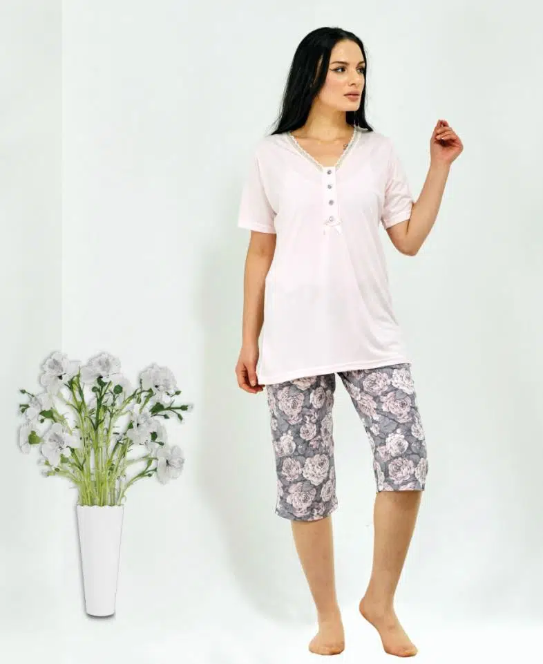 HF Club 3102 Kadın Açık Yaka Kapri Pijama Takımı - PUDRA