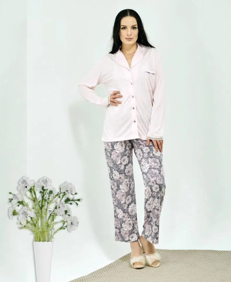 HF Club 3103 Kadın Önden Düğmeli Pijama Takımı - PUDRA