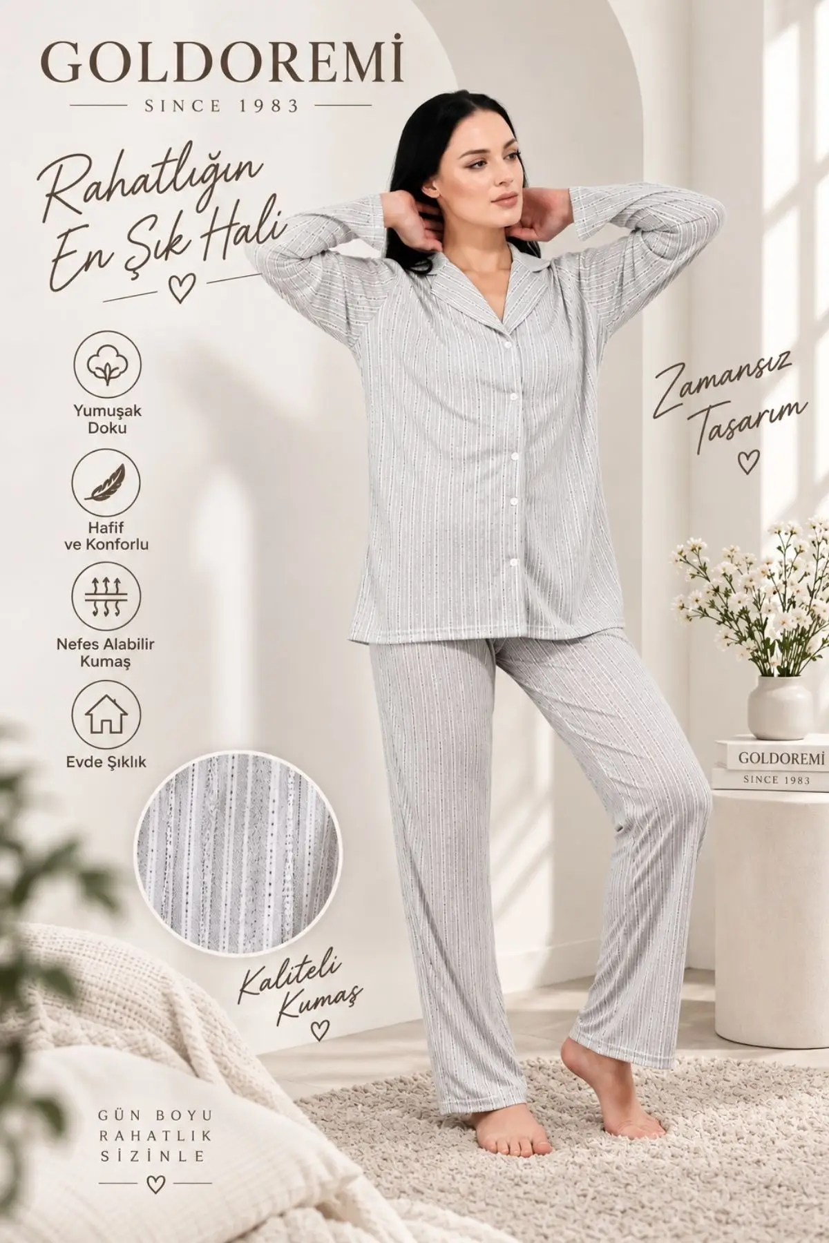 Gd Goldoremi 3111 Kadın Premium Gömlek Yaka Önden Düğmeli Uzun Kollu Pijama Takımı