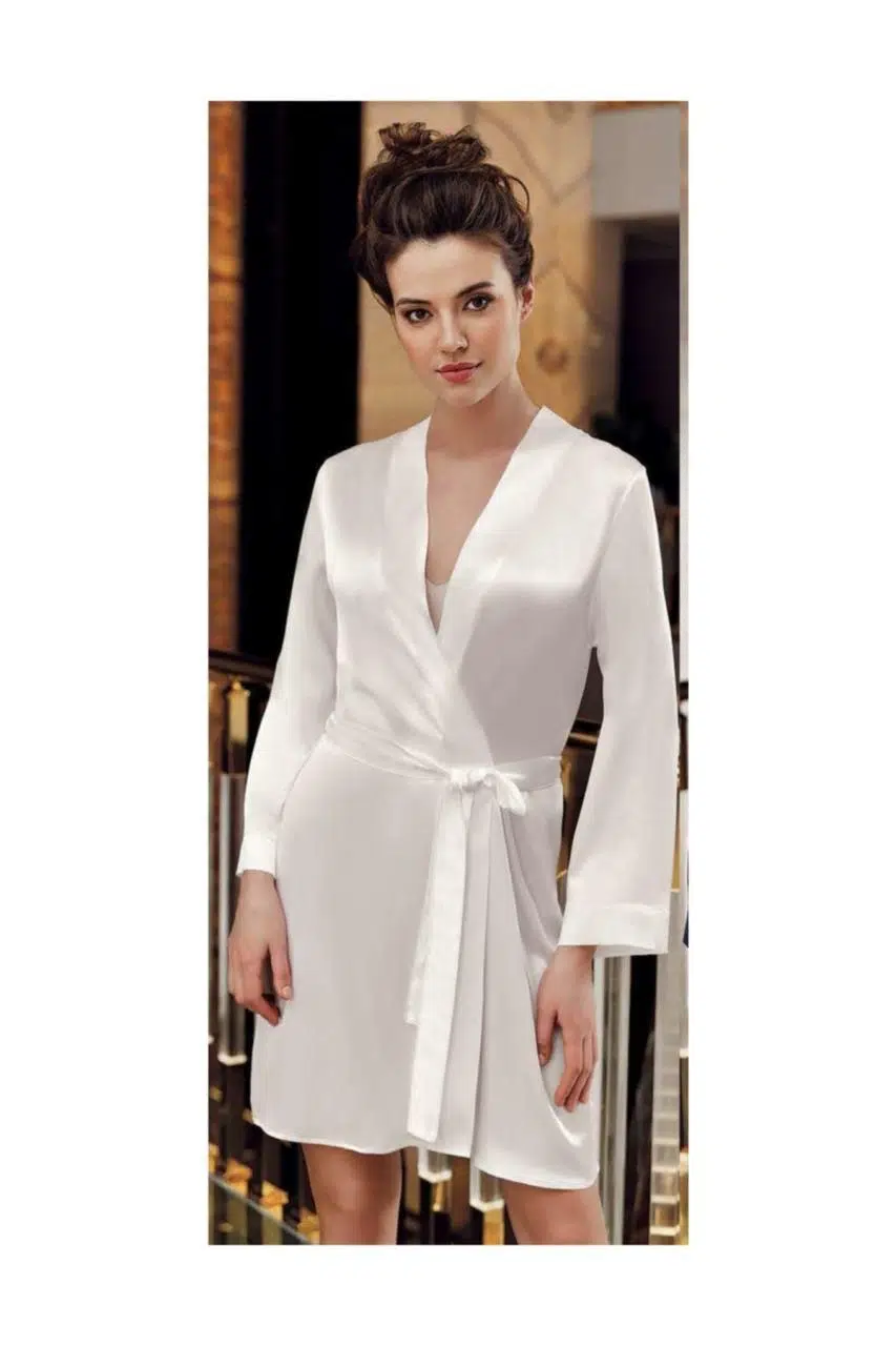 İmaj 113 Bride Çeyizlik Saten Uzun Kollu Kısa Sabahlık - PUDRA