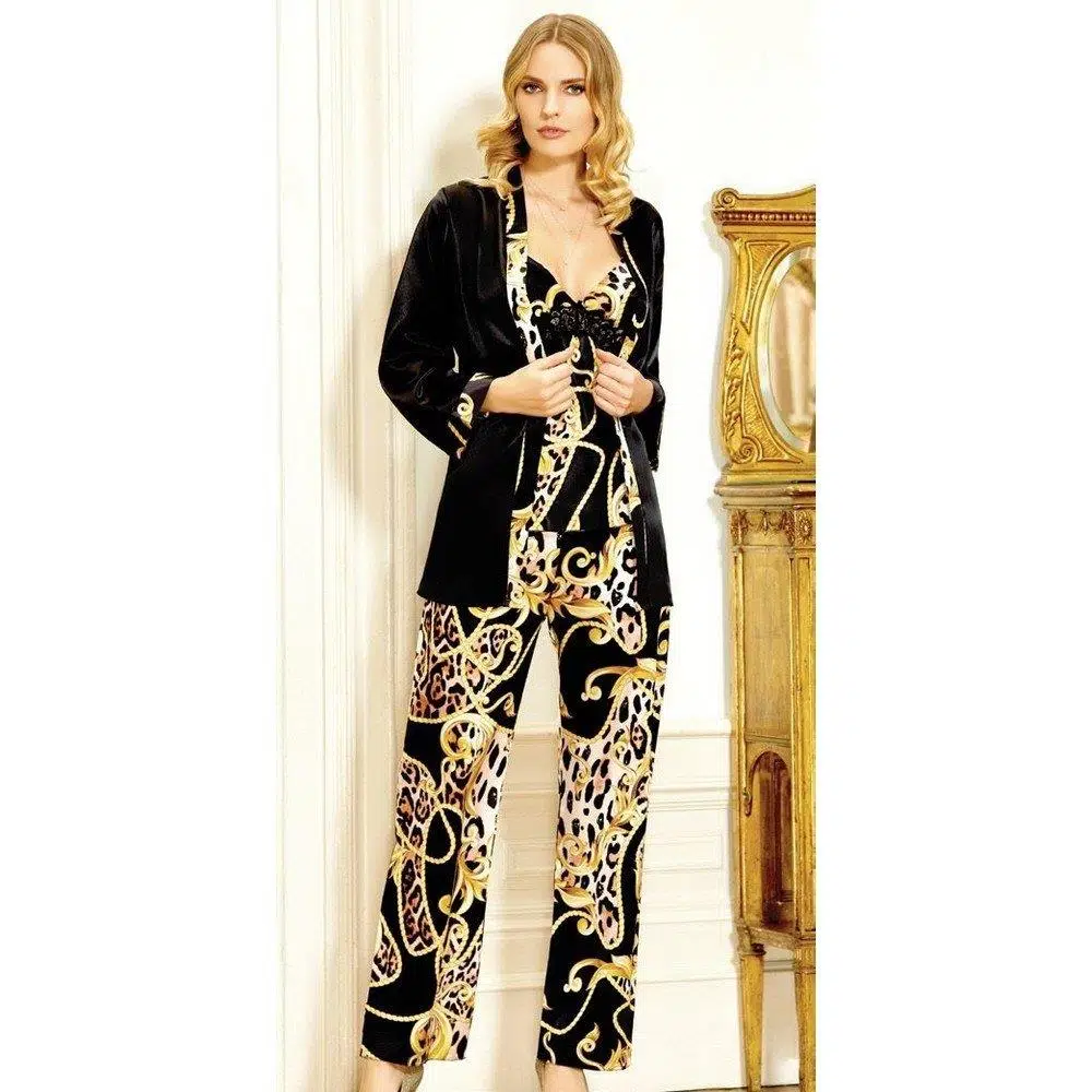 Jeremi 2916 Saten Desenli Üçlü Pijama Takımı - SİYAH