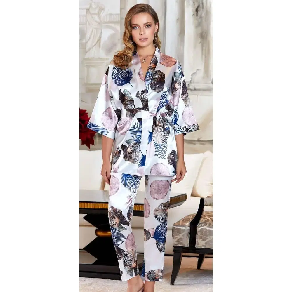 Jeremi 3090 Çeyizlik İpek Saten Üçlü Büstiyerli Pijama Takımı - LACİVERT