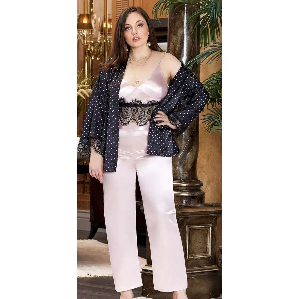 Jeremi 3245 İpek Saten Battal Üçlü Uzun Askılı Pijama Takımı - PUDRA