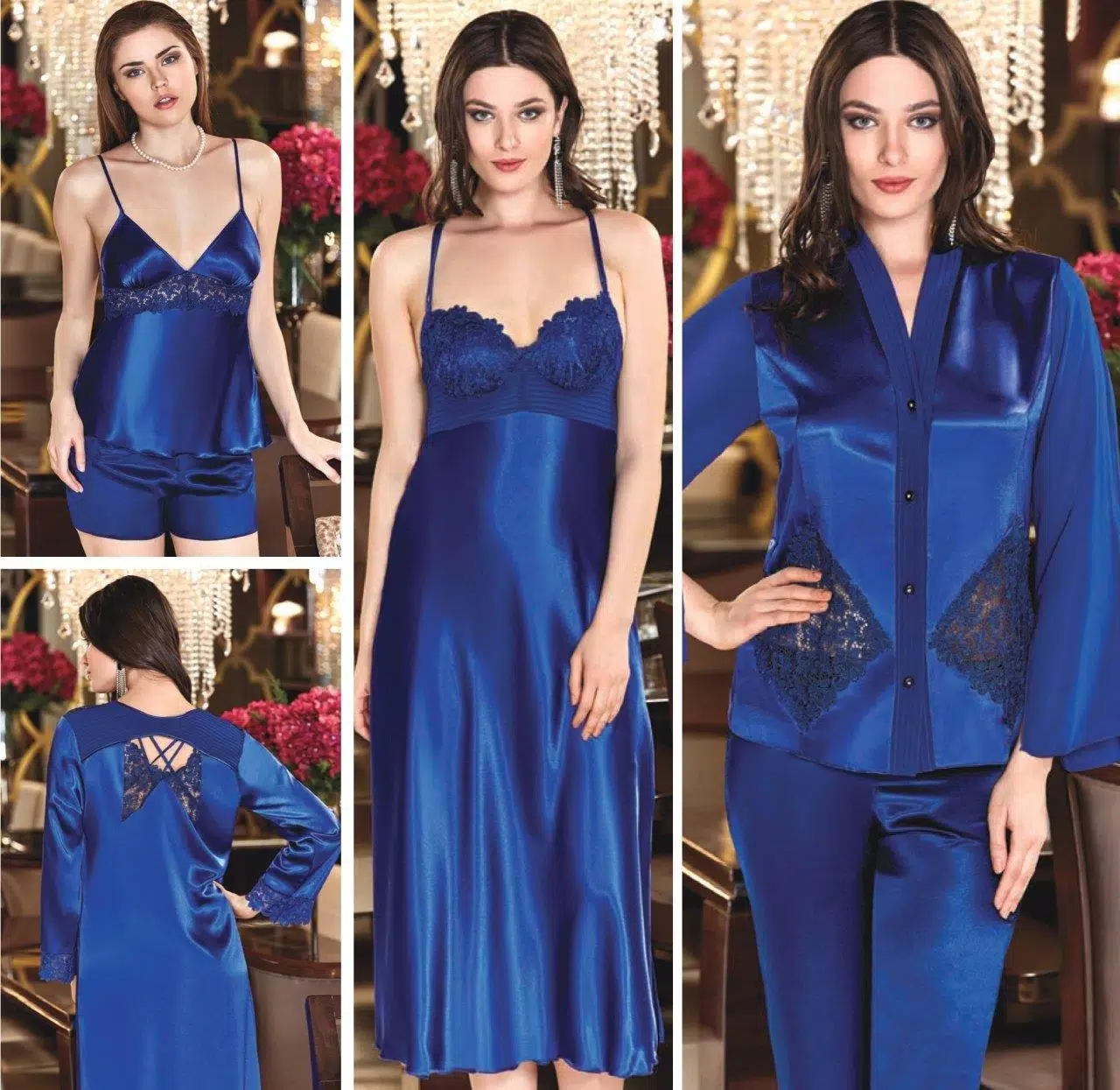 Jeremi 452 6'lı Saten Dantelli Gecelik Sabahlık Takımı - SAKS