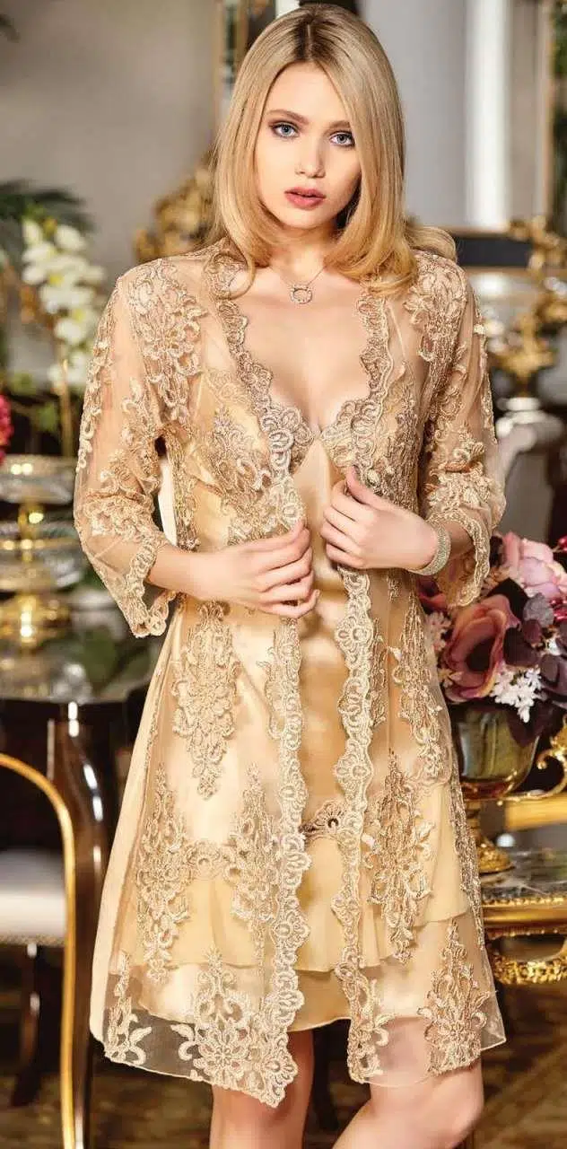 Jeremi 490 6'lı Çeyizlik İpek Saten Dantelli Kısa - GOLD