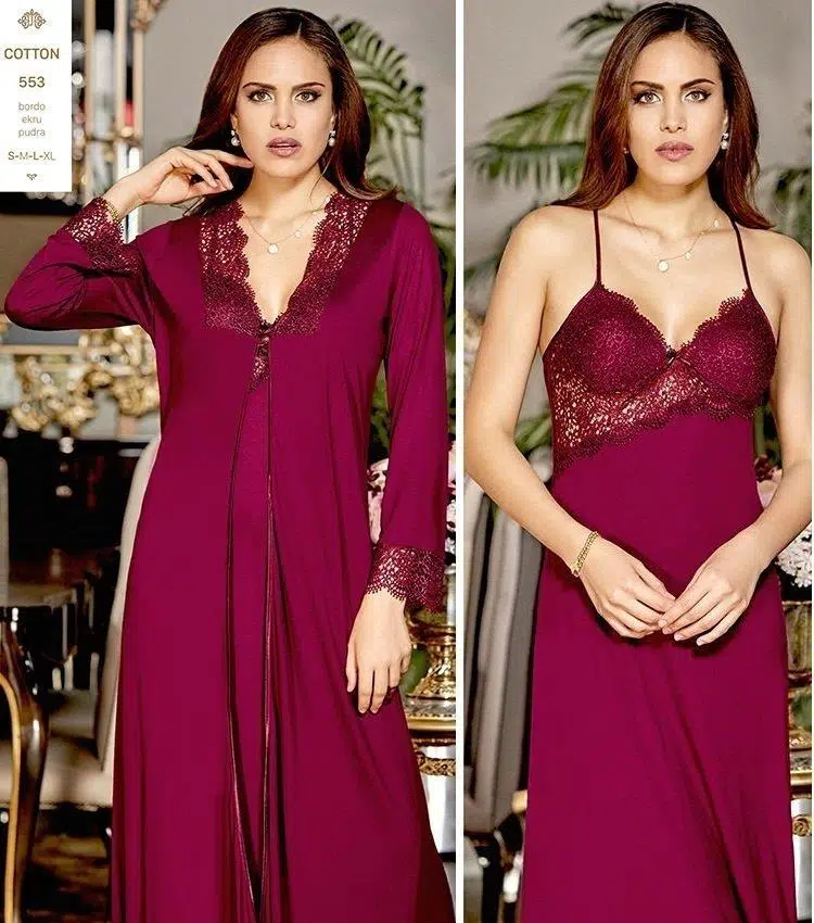 Jeremi 553 6'lı Çeyizlik Penye Dantelli Uzun Gecelik Sabahlık Set - PUDRA