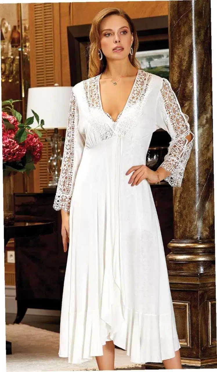 Jeremi 575 6'lı Penye Dantelli Uzun Gecelik Sabahlık Takımı - PUDRA