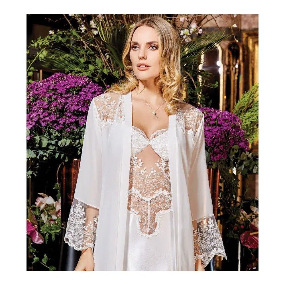 Jeremi 616 6'lı Dantelli Saten Uzun Gecelik Sabahlık Takımı - BORDO