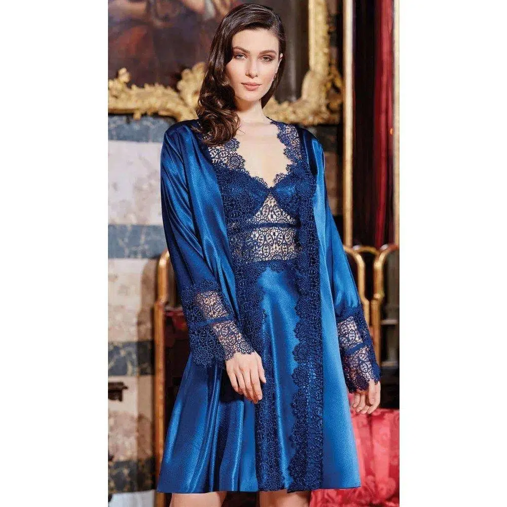 Jeremi 642 6'lı İpek Saten Dantelli Kısa Gecelik Sabahlık Takımı - LACİVERT