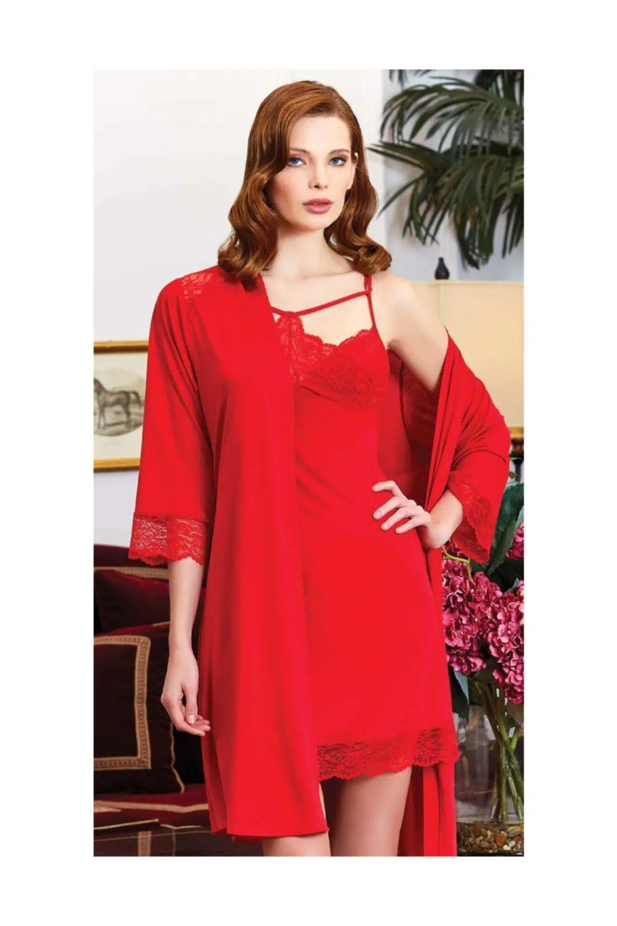 Jeremi 815 6'lı Penye Dantelli Kısa Gecelik Sabahlık Takımı - PUDRA