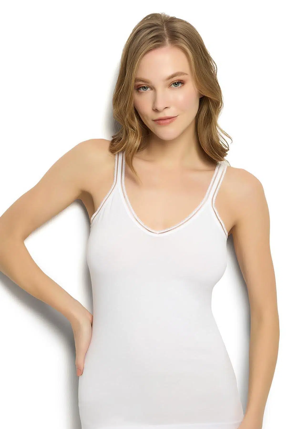 Jiber 553 Daria Kadın Pamuklu Likralı V Yaka İp Askılı Yumuşak Atlet - BEYAZ