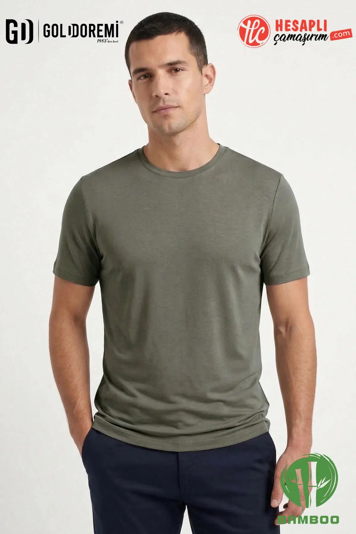 Jiber Erkek Premium Bambu Terletmeyen Hafif Kumaş T-Shirt - HAKİ