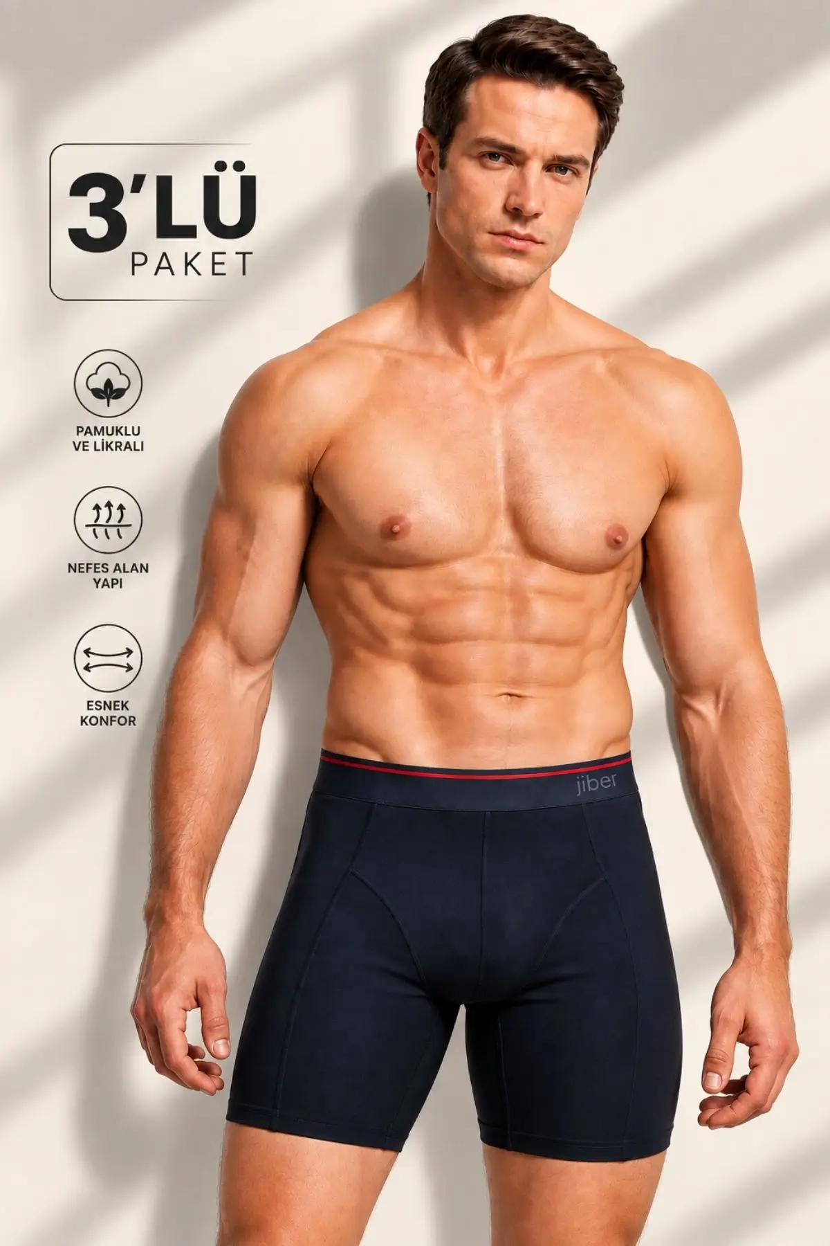 Jiber Erkek Premium Katlama Yapmaz Pamuklu Likralı Esnek Çok Rahat Uzun 3'lü Boxer