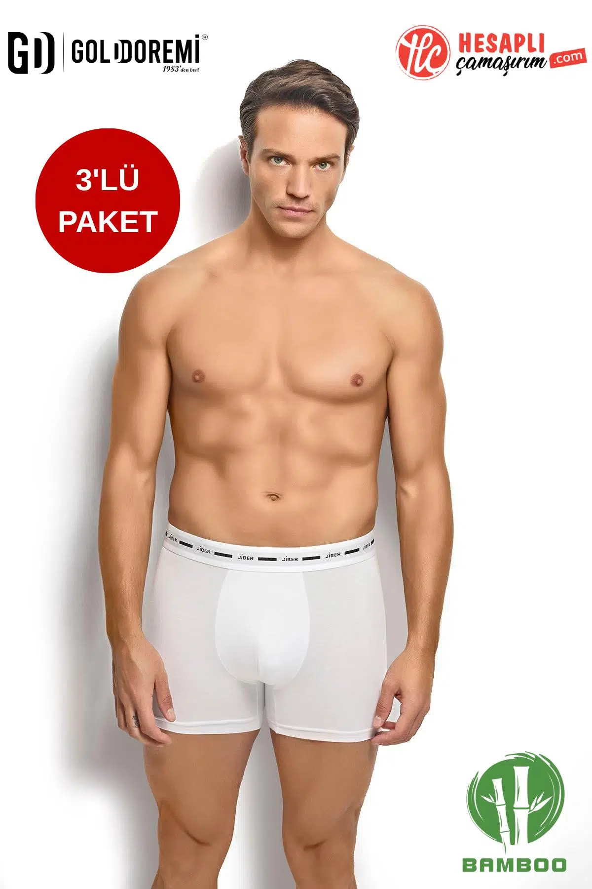 Jiber Erkek Premium Rahat Yumuşak Hafif Yok Gibi Esnek İz Yapmaz Terletmez Bambu Kutulu 3'lü Boxer - BEYAZ