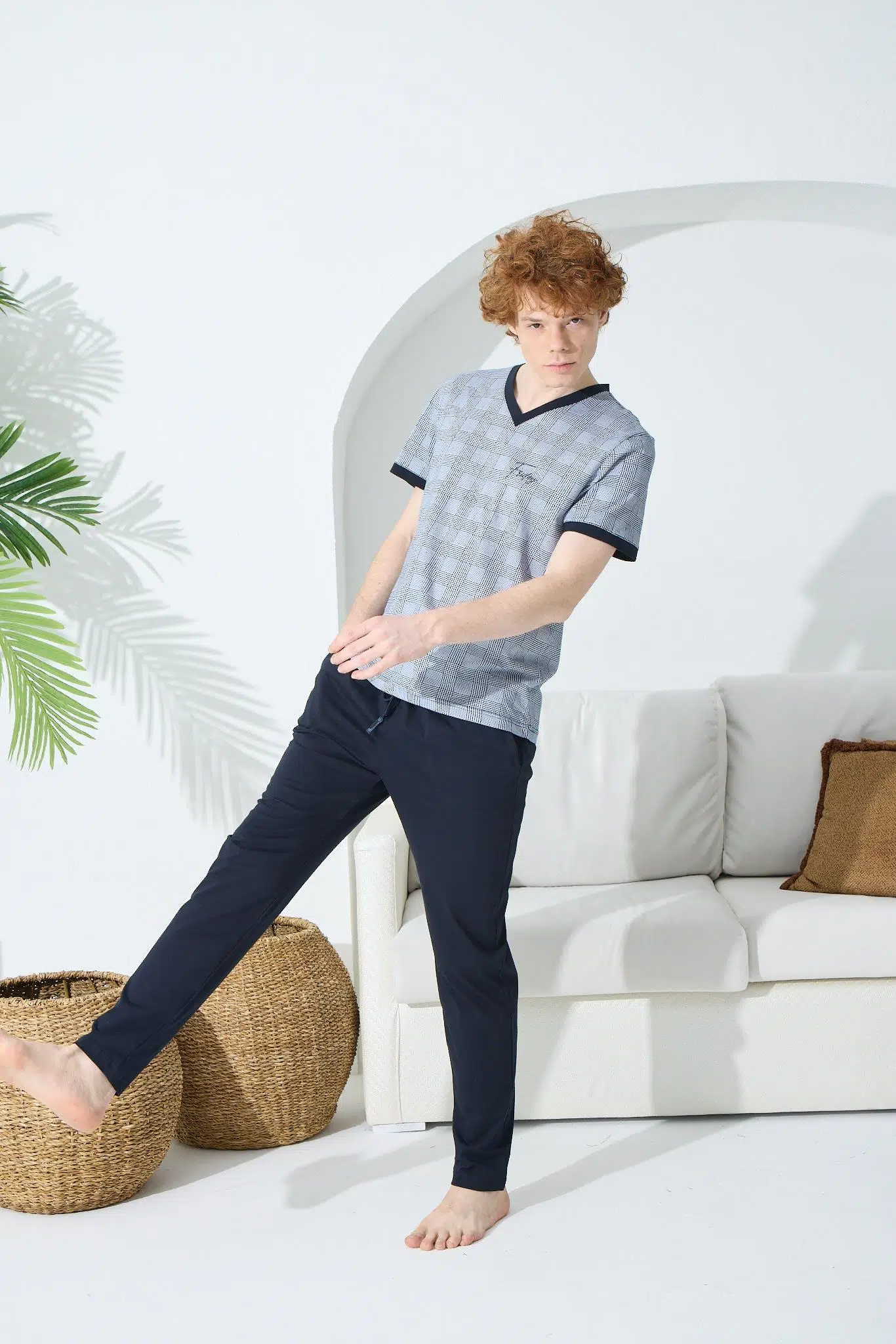 KLY 1015 Erkek Baskılı V Yaka Kısa Kol Pijama Takım - EKRU