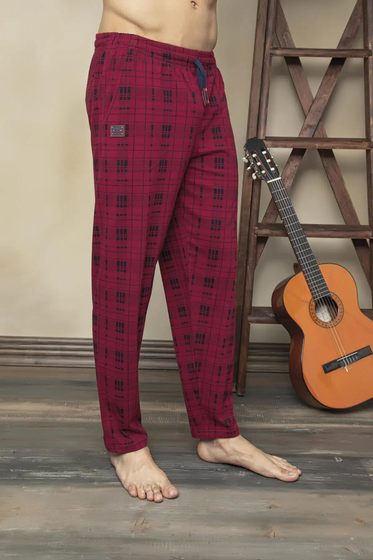 KLY 152 Battal Tek Alt Likralı Ekoseli Çok Rahat Pijama Alt - BORDO