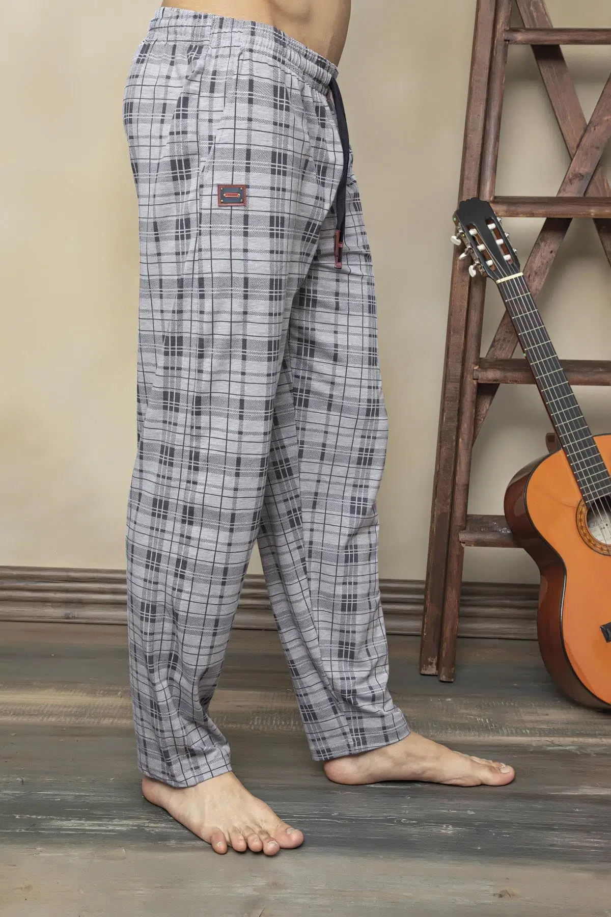 KLY 152 Battal Tek Alt Likralı Ekoseli Çok Rahat Pijama Alt - ANTRASİT