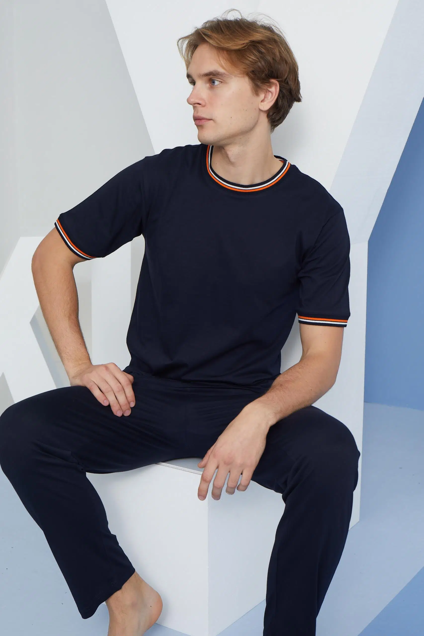 Kly 2090 Erkek Kısa Kol Bantlı Pijama Takım - LACİVERT