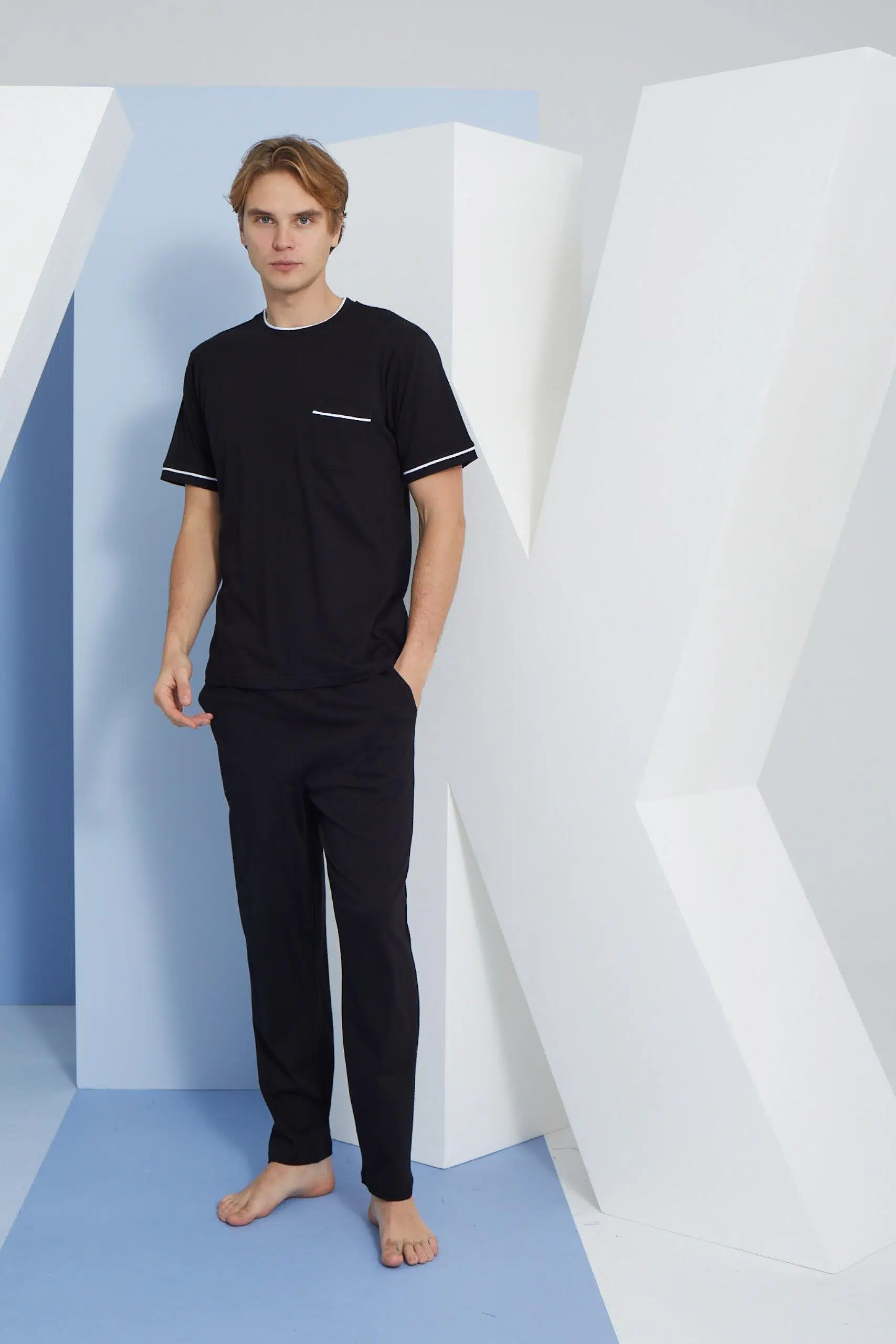 Kly 2110 Erkek Yazlık 0 Yaka Kısa Kol Pamuk Pijama Takım - SİYAH