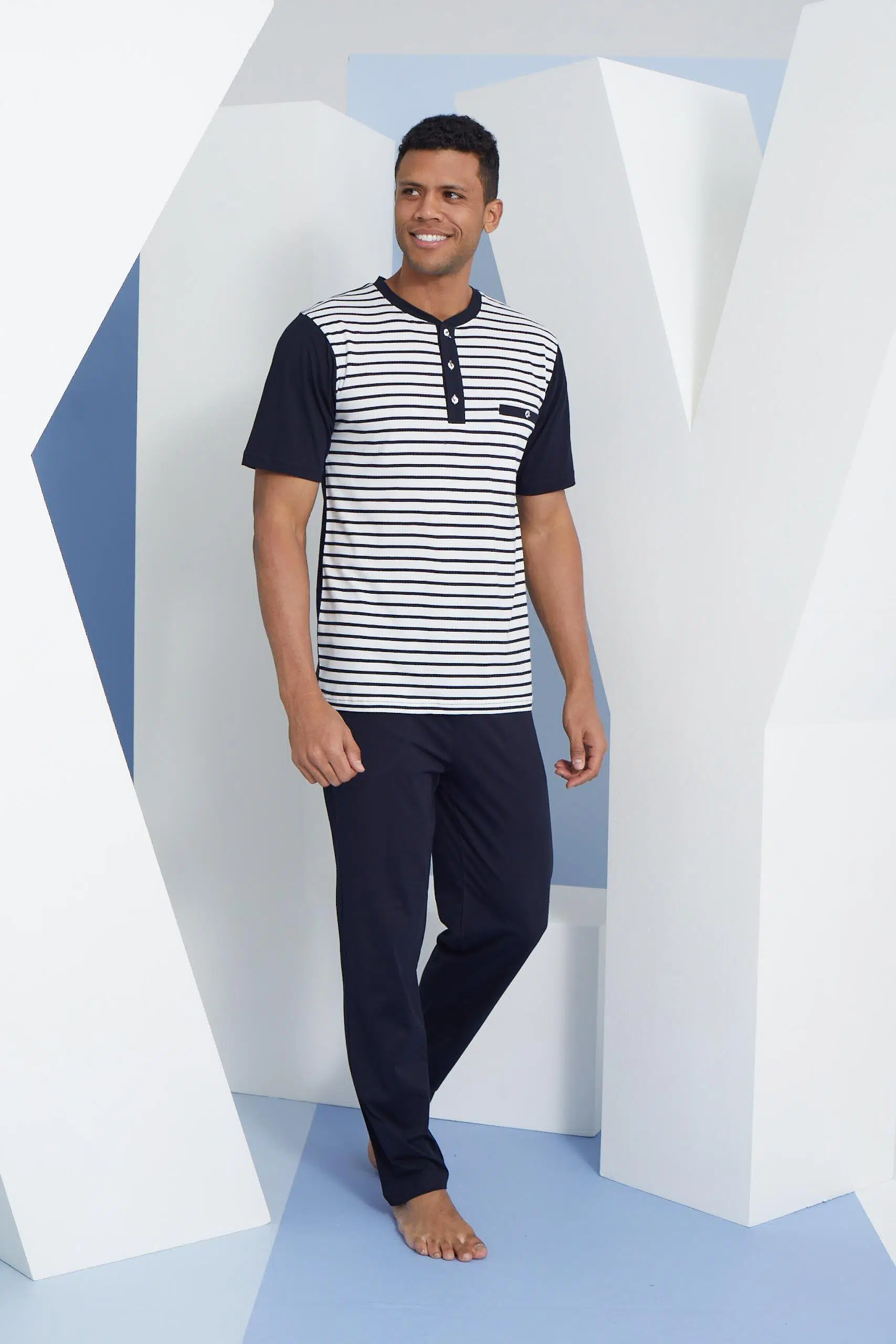 Kly 2116 Erkek Kısa Kol Düğmeli Midi Yaka Pijama Takım - BEYAZ