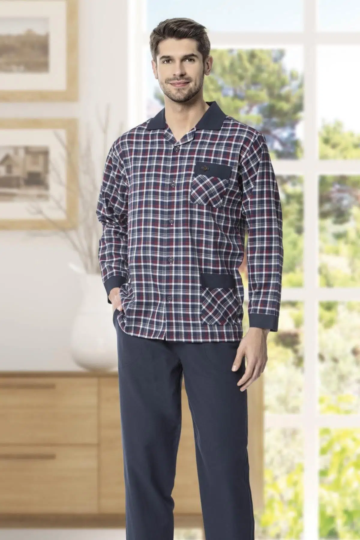 Kly 4016 Apaj Yaka Erkek Pijama Takımı - BORDO