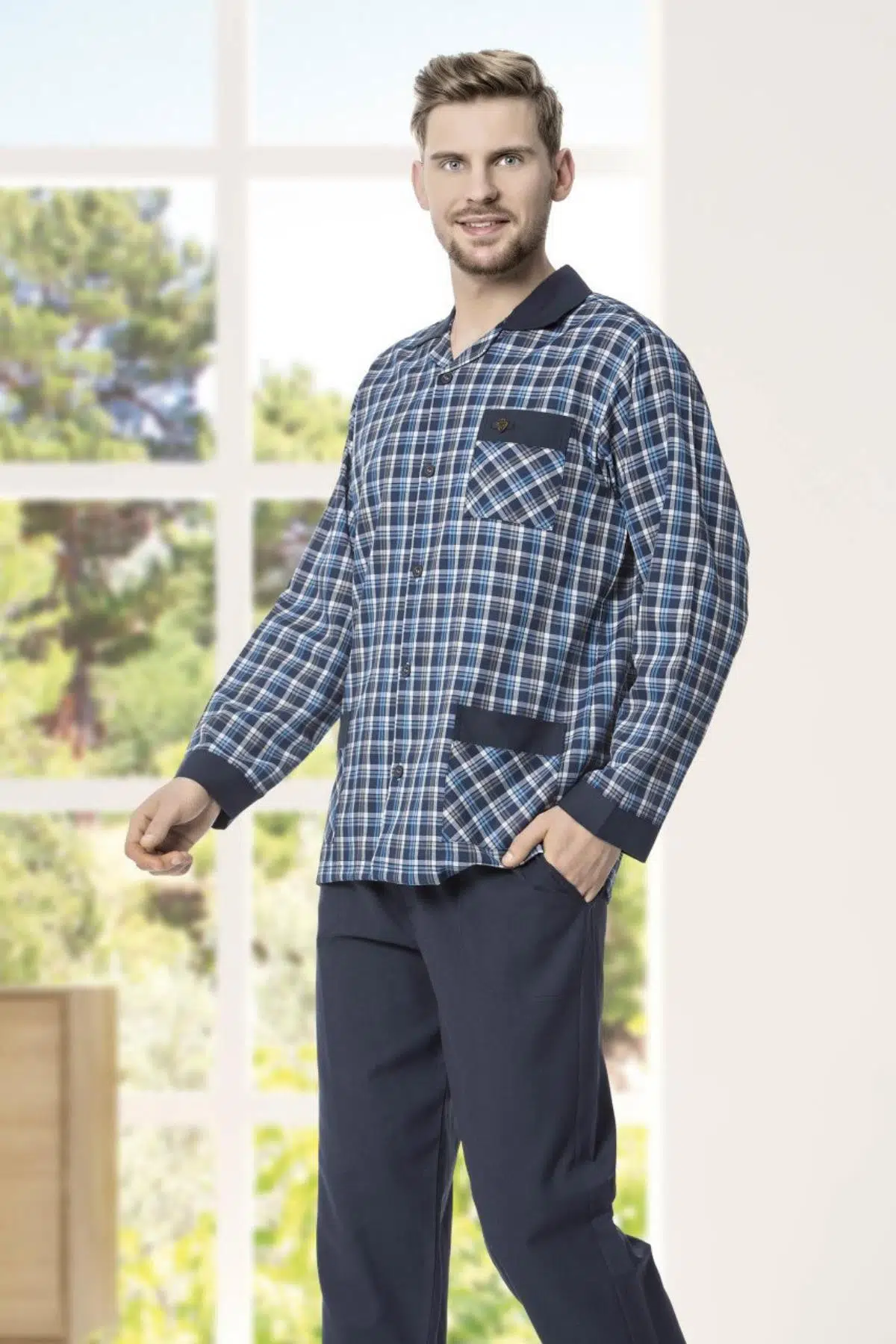 Kly 4016 Apaj Yaka Erkek Pijama Takımı - İNDİGO