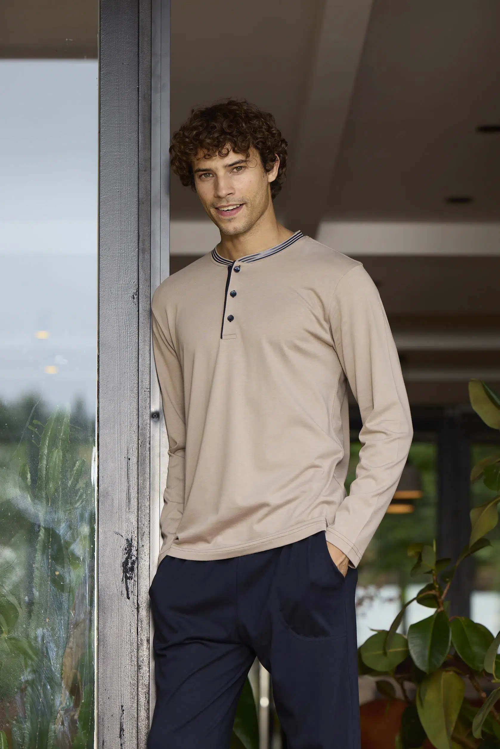 Kly 6025 Erkek Düğmeli Yaka Uzun Kol Pijama Takım - VİZON