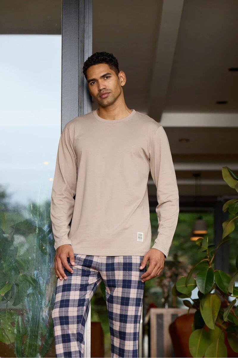 Kly 6028 Erkek Sıfır Yaka Ekoseli Uzun Kollu Pijama Takım - KAHVERENGİ