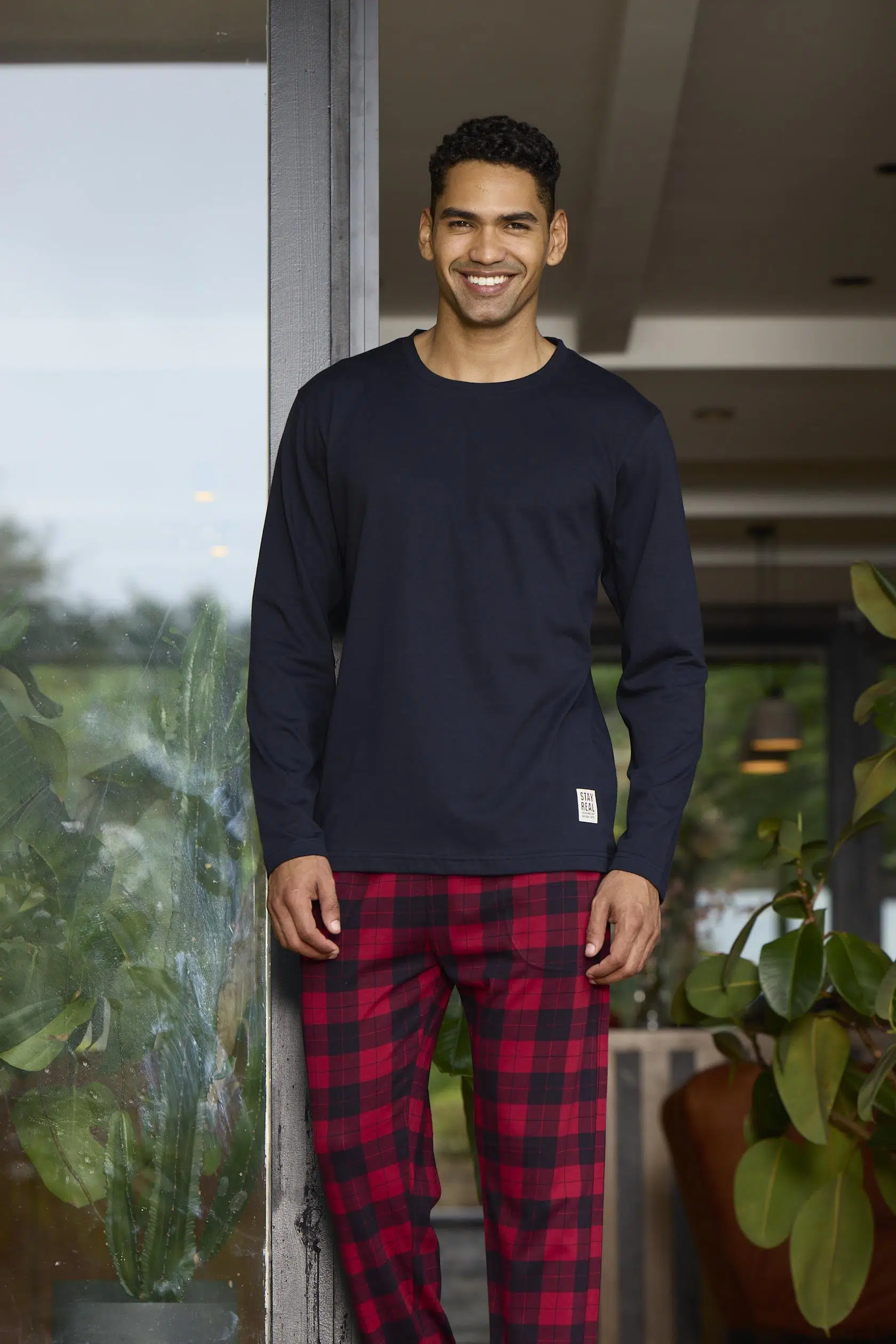 Kly 6028 Erkek Sıfır Yaka Ekoseli Uzun Kollu Pijama Takım - LACİVERT