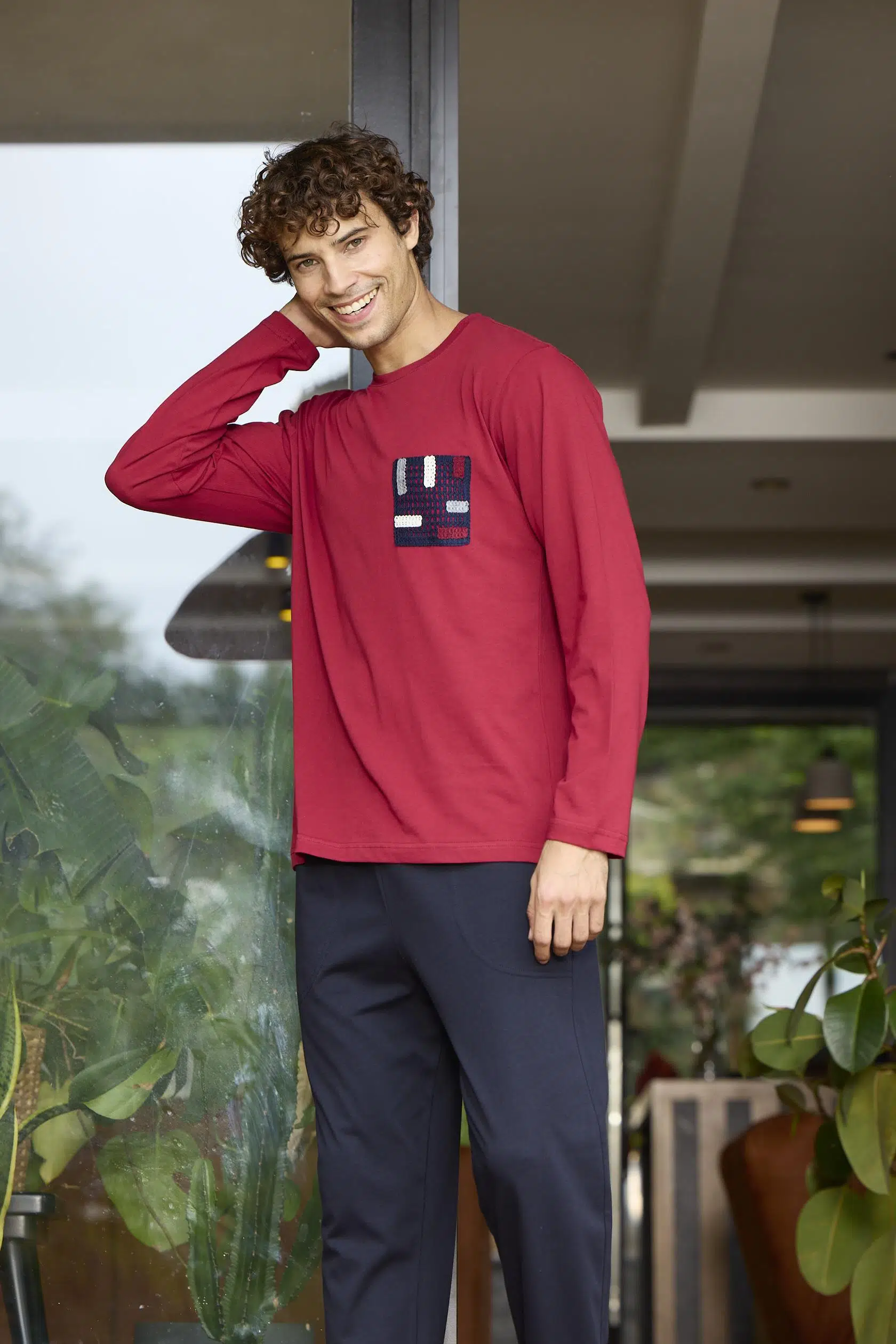 Kly 6030 Erkek Örgü Cepli Uzun Kol Pijama Takım - BORDO