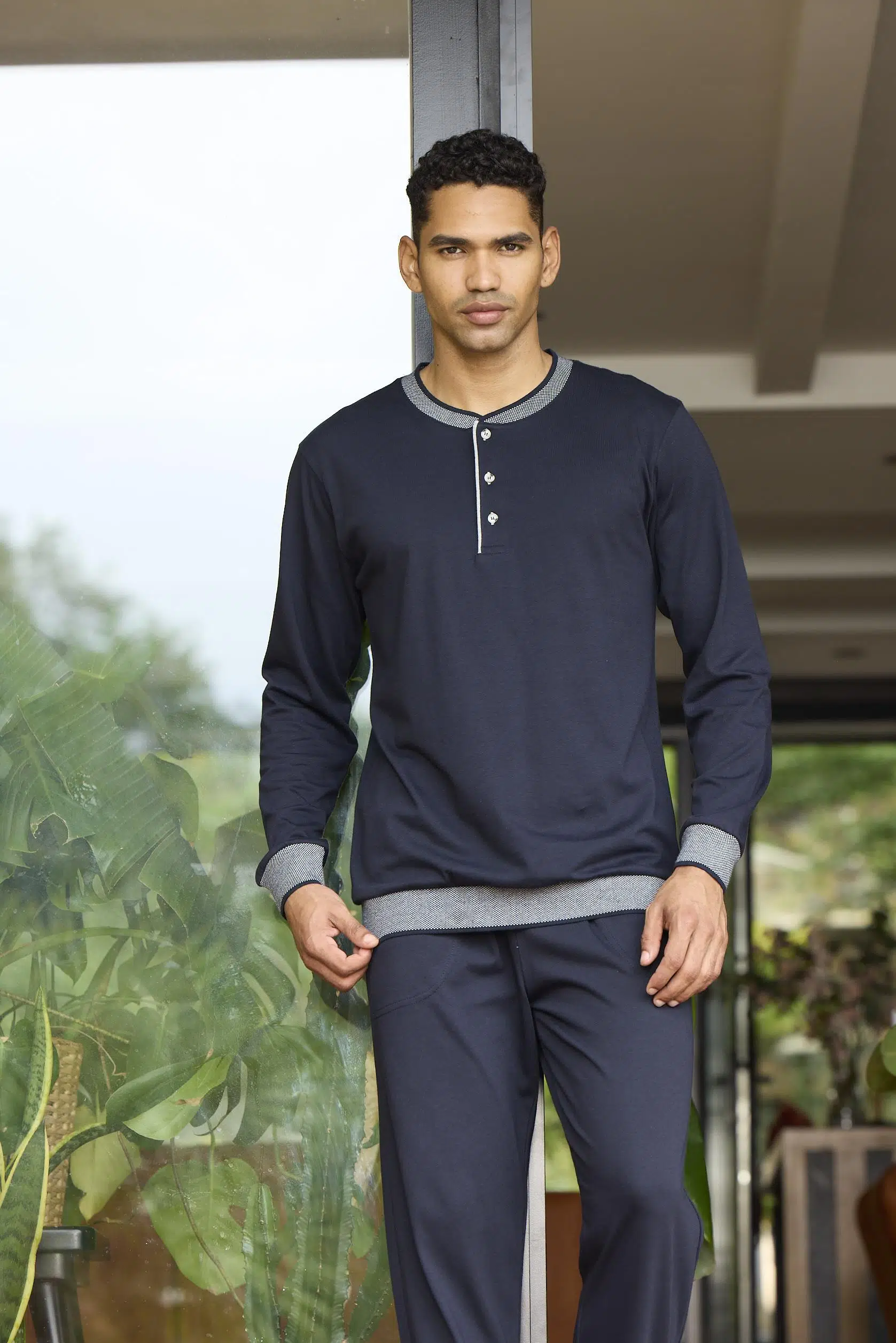 Kly 6033 Erkek Manşetli Düğmeli Uzun Kol Pijama Takım - LACİVERT