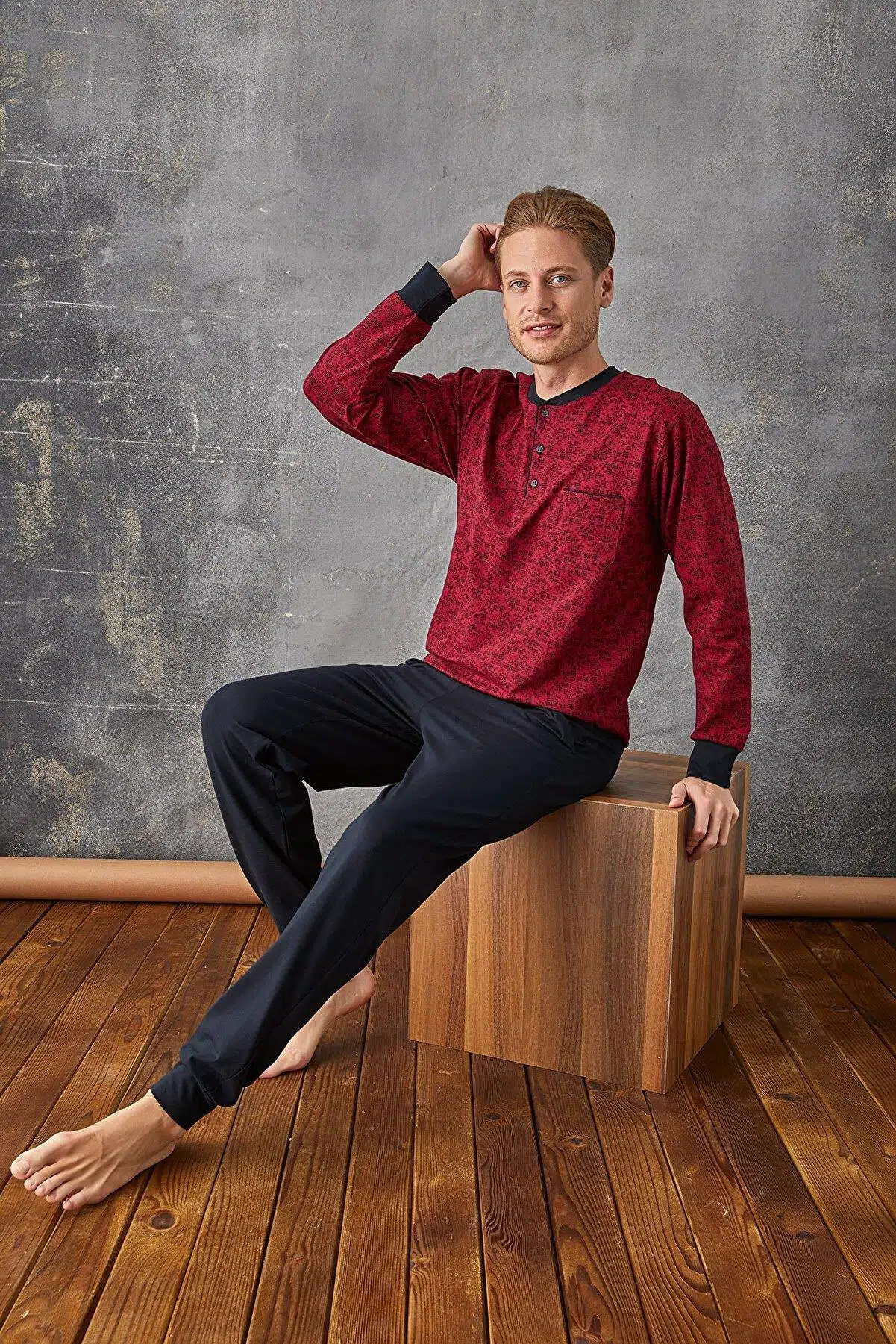 KLY 7024 Erkek Midi Yaka Kol Paça Manşetli Pijama Takım - YEŞİL