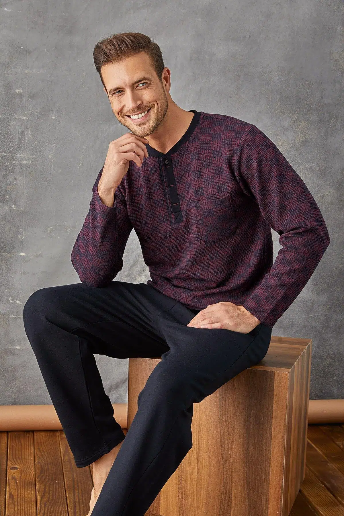 Kly 7027 Erkek Jakar Midi Yaka Pijama Takım - BORDO