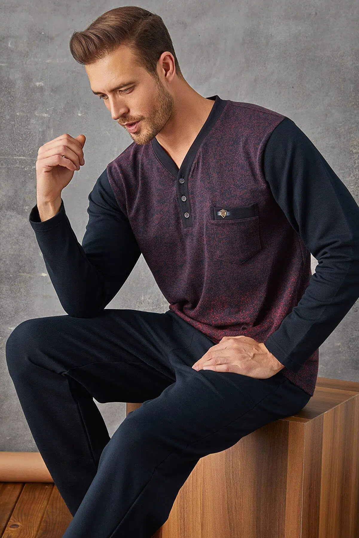 Kly 7033 Erkek Jivago Yaka Pijama Takım - BORDO