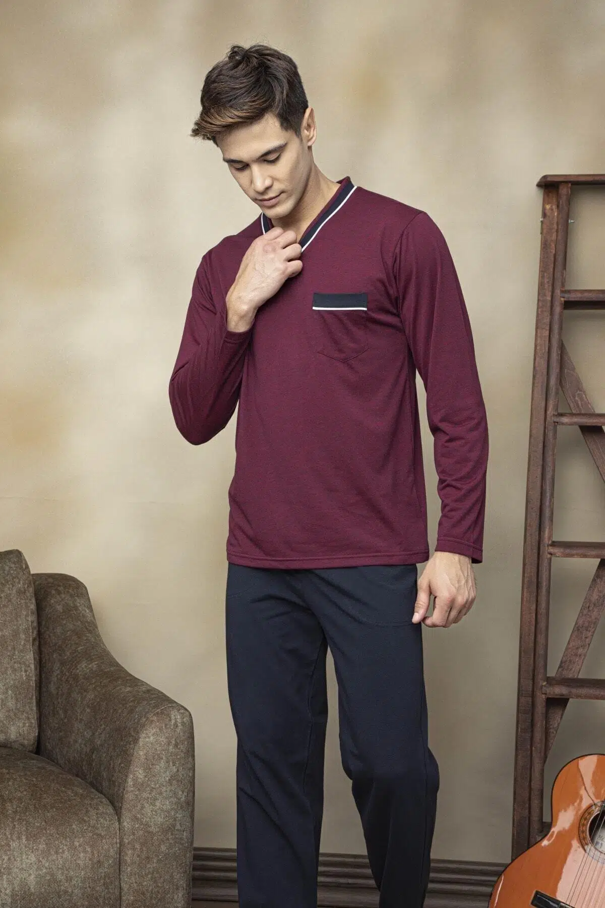 Kly 7105 Erkek V Yaka Pijama Takımı - BORDO