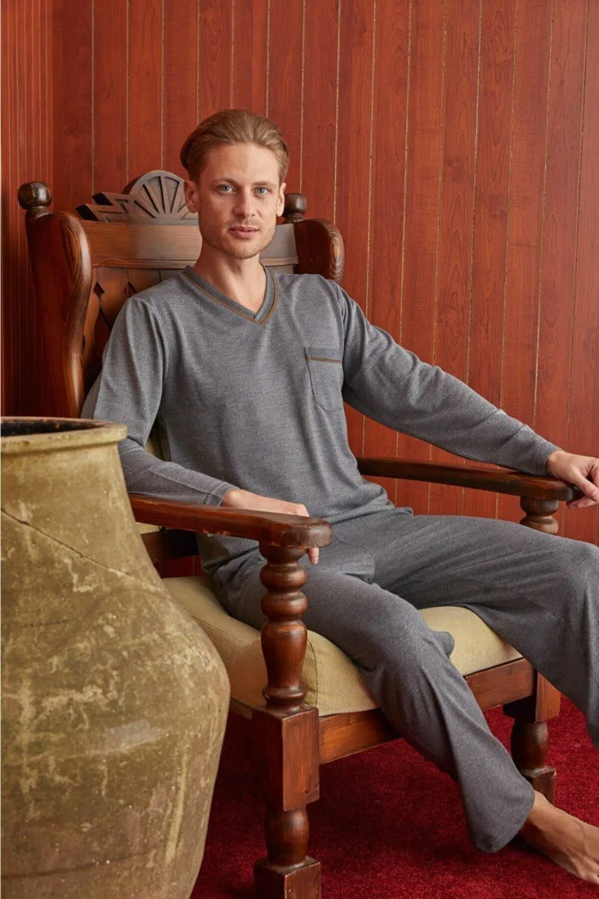 Kly 7130 Erkek V Yaka Pijama Takımı - BORDO