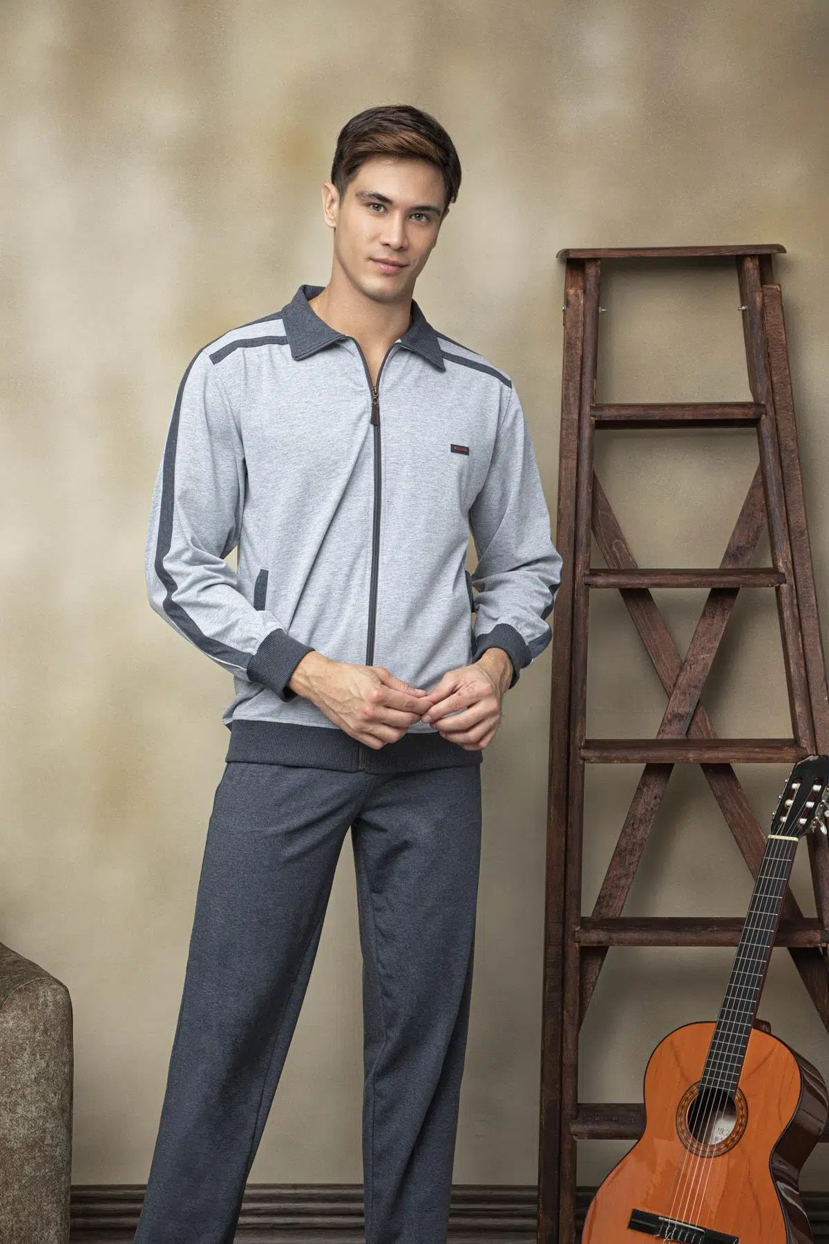 KLY 7204 Erkek Apaj Yaka Eşofman Takım - GRİ