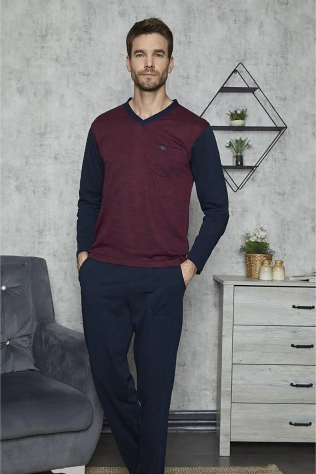 Kly 7420 Erkek Battal V Yaka Pijama Takımı - BORDO