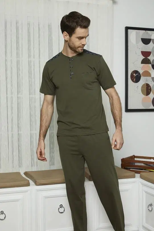 KLY 7612 Erkek Midi Yaka 3'Lü Pijama Takım - LACİVERT