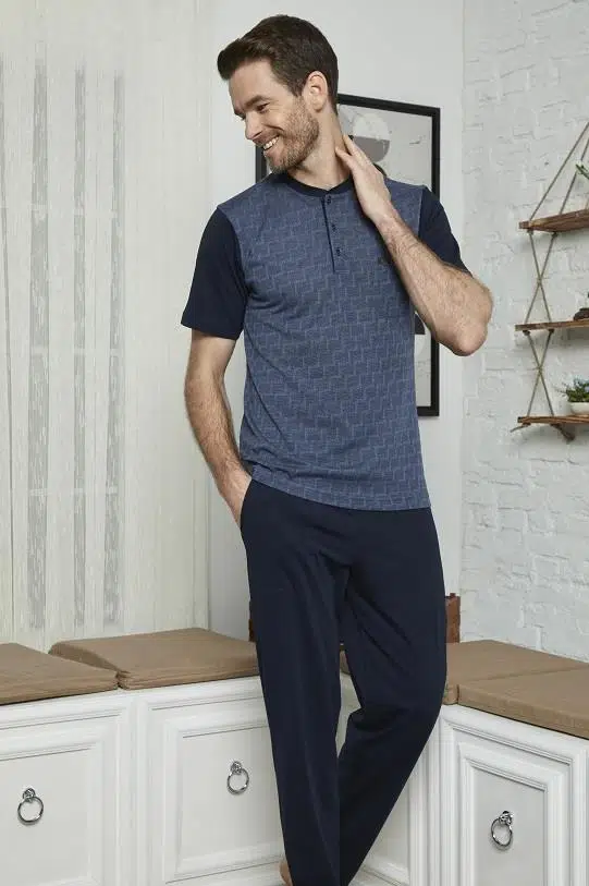 KLY 7613 Erkek Midi Yaka 3'lü Pijama Takımı - İNDİGO