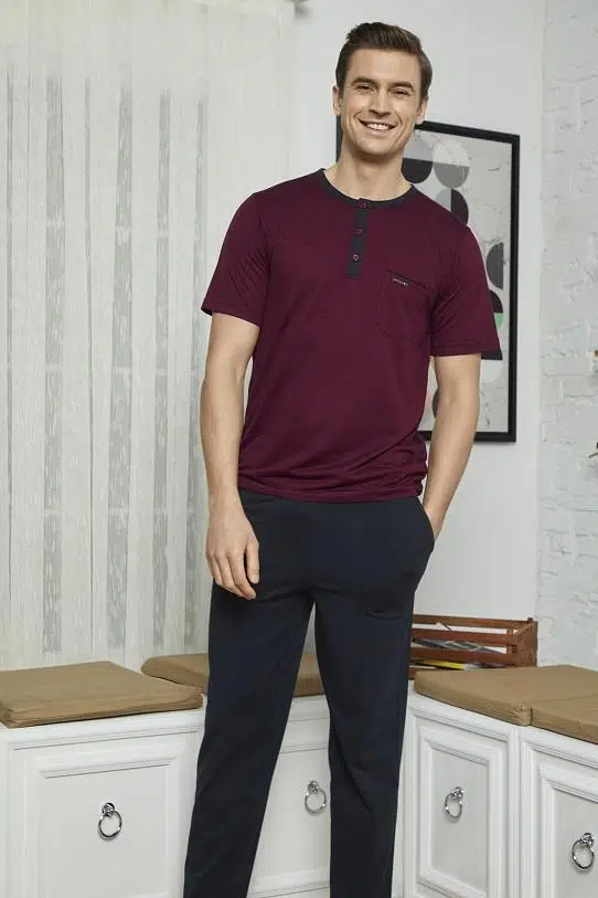 KLY 7618 Erkek Midi Yaka 3'lü Pijama Takımı - BORDO