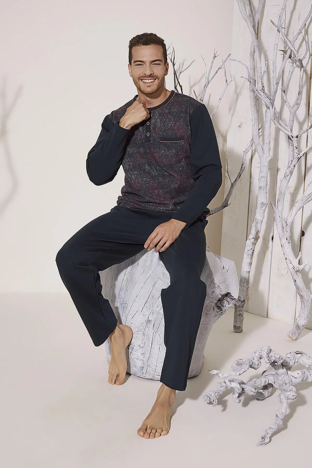 KLY 8026 Erkek Yaka Reçme Pijama Takım - BORDO