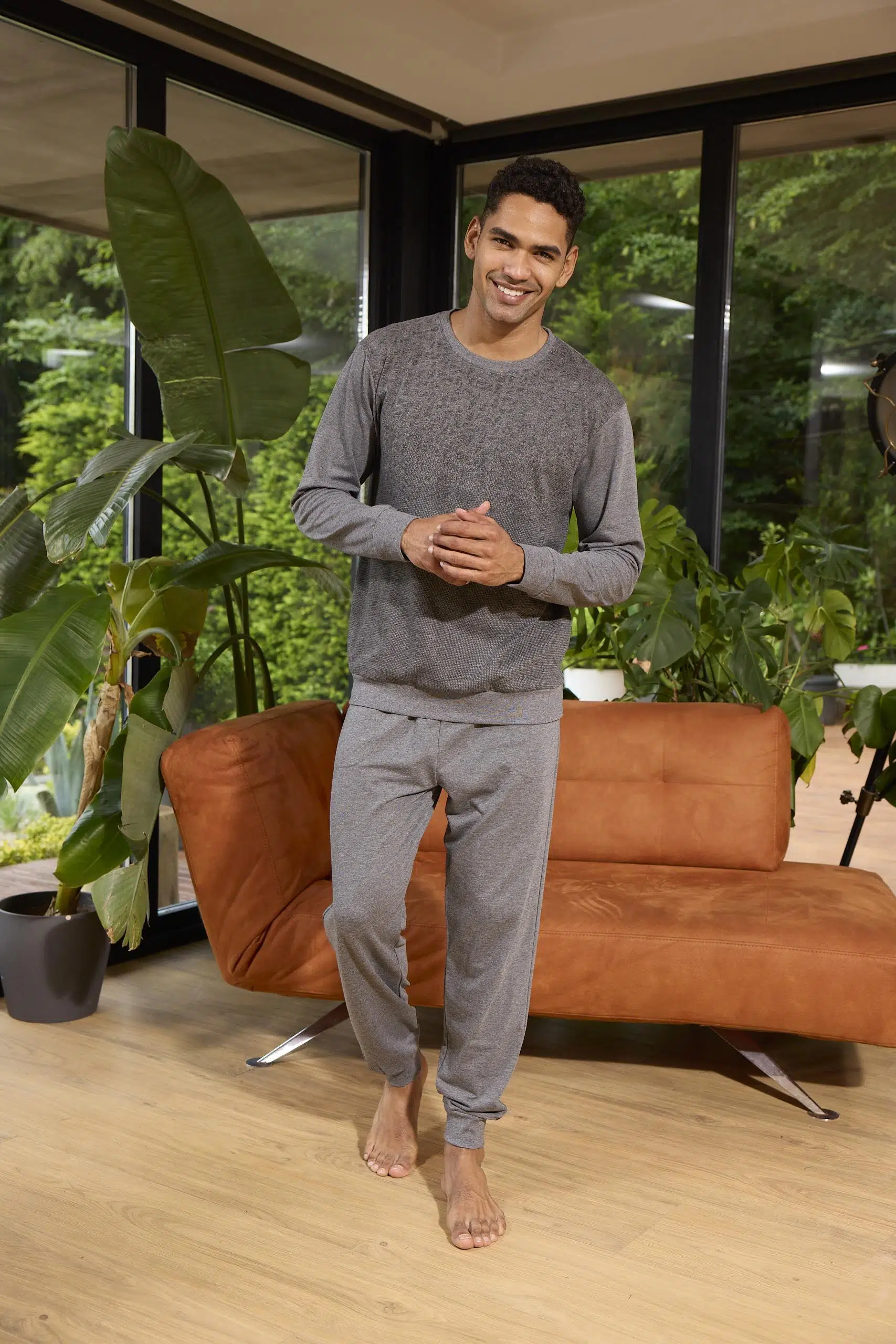 Kly 8050 Erkek Uzun Kol Midi Yaka İki İplik Pijama Takım - ANTRASİT