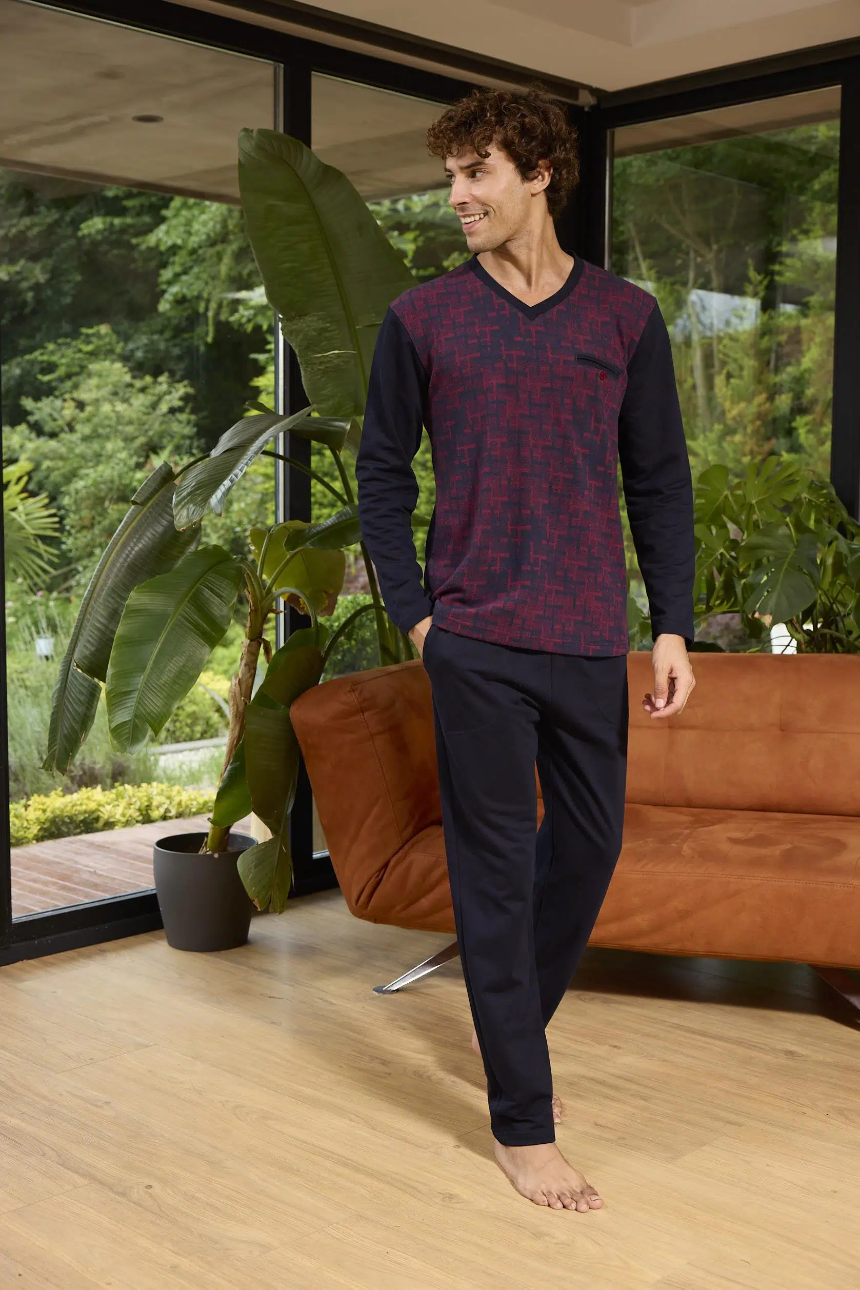 Kly 8057 Erkek V Yaka Cepli Uzun Kol Pijama Takım - BORDO