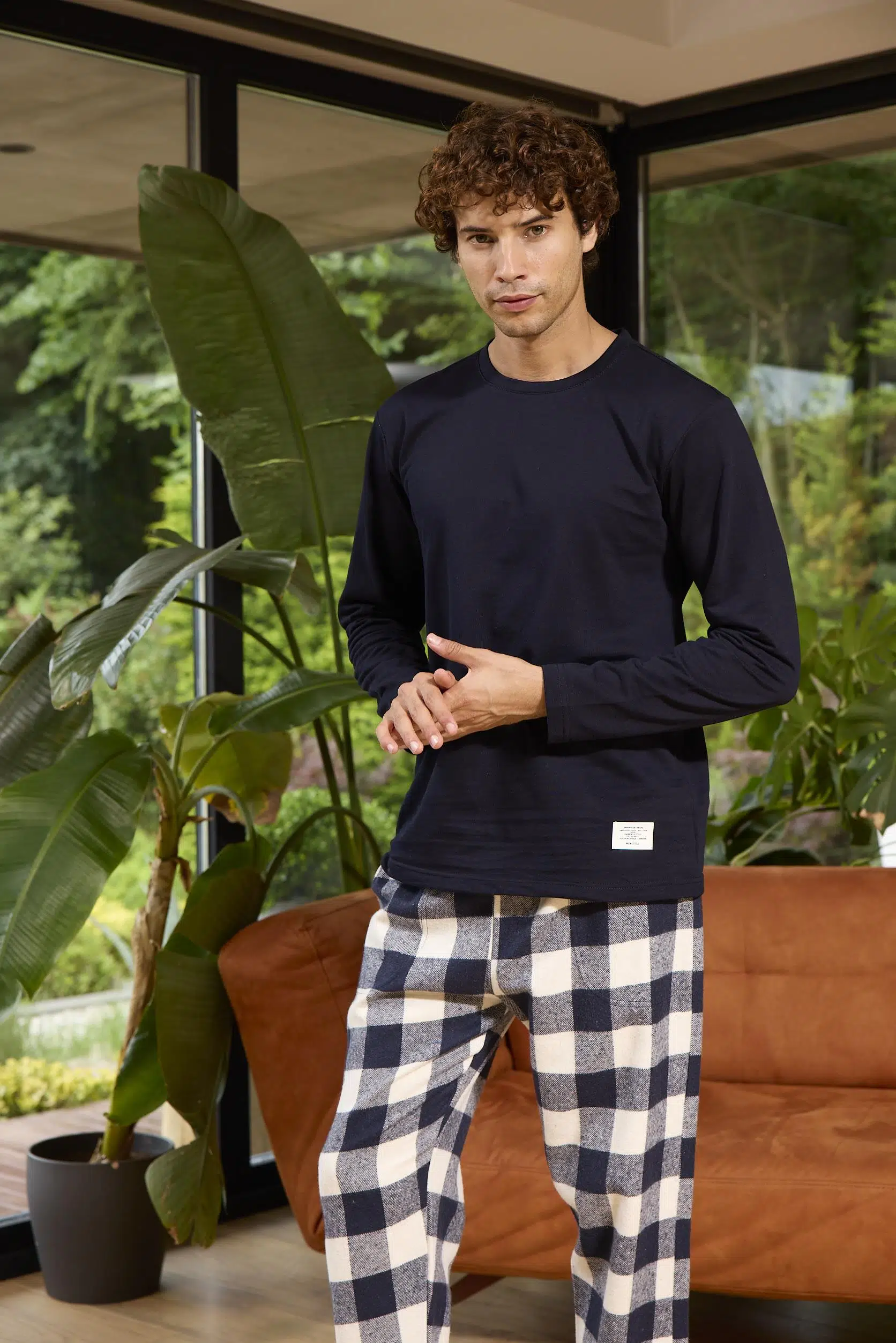 Kly 8058 Erkek Sıfır Yaka Ekose Uzun Kollu Pijama Takım - LACİVERT